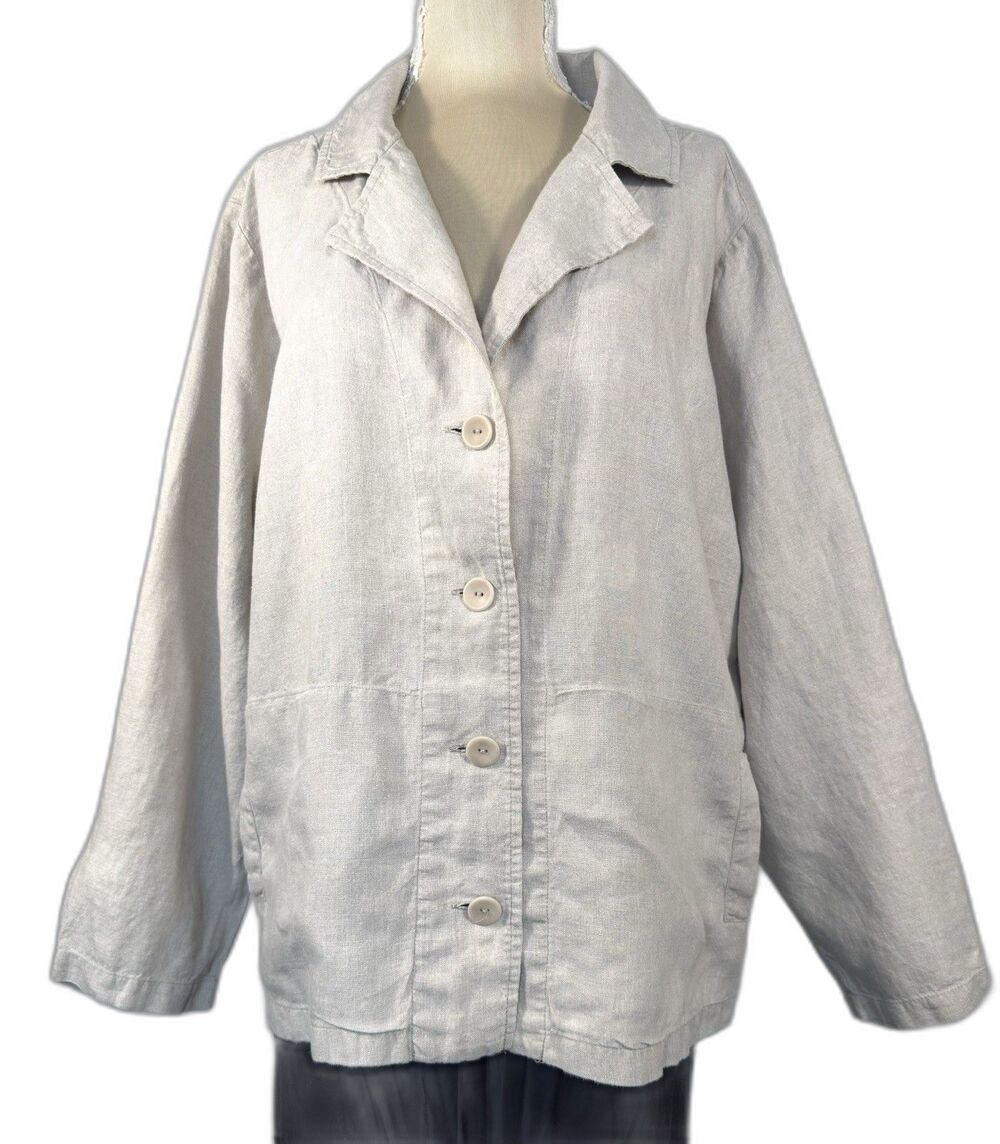 FLAX 100% Linen Jacket 3G Plus Size Beige Lagenlook Oversized Button Front Boh